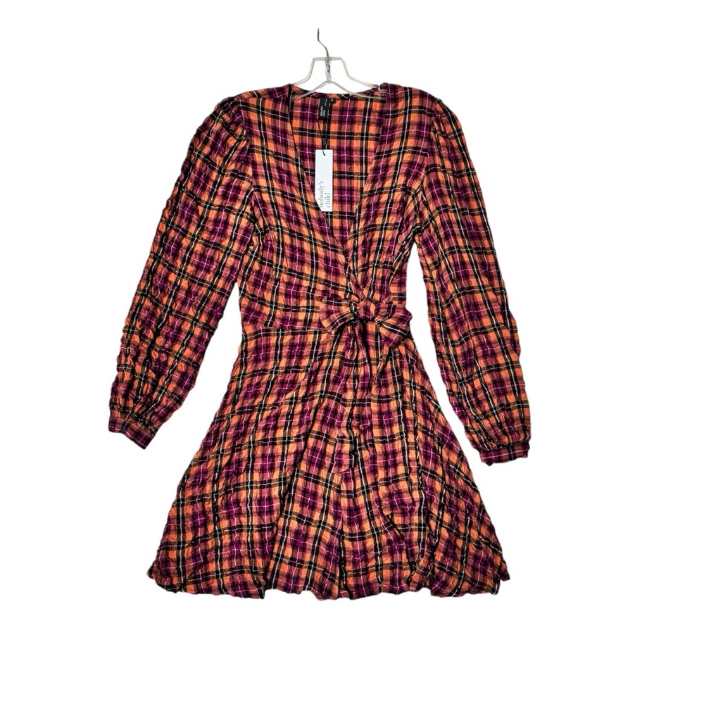 Nobody’s Child Rio Wrap Mini Long-Sleeve Dress in Orange & Pink Check